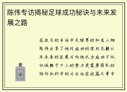 陈伟专访揭秘足球成功秘诀与未来发展之路