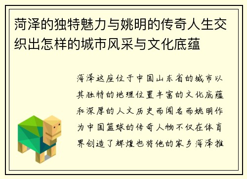 菏泽的独特魅力与姚明的传奇人生交织出怎样的城市风采与文化底蕴